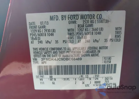 2013 Ford Edge Sel from USA, damaged, VIN 2FMDK4JC9DBC68489
